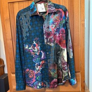 Robert Graham “In Full Bloom” Blue and Multicolor Graphic Shirt